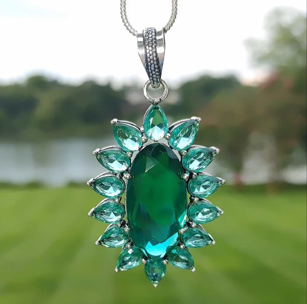 Indicolite Tourmaline Gemstone Pendant Necklace in 925 Sterling Silver (2.48")